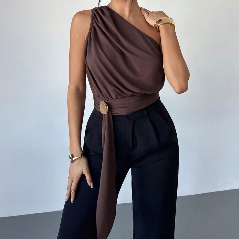 Coffee Brown Elegant Women's Romantic Urban Chic Blouse - Picture 3 of 6